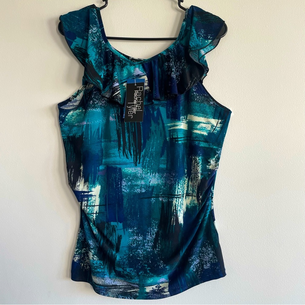 Rachel Tyler Sleeveless Ruffled Cut Out Galaxy Abstract Blouse Women Size XL P